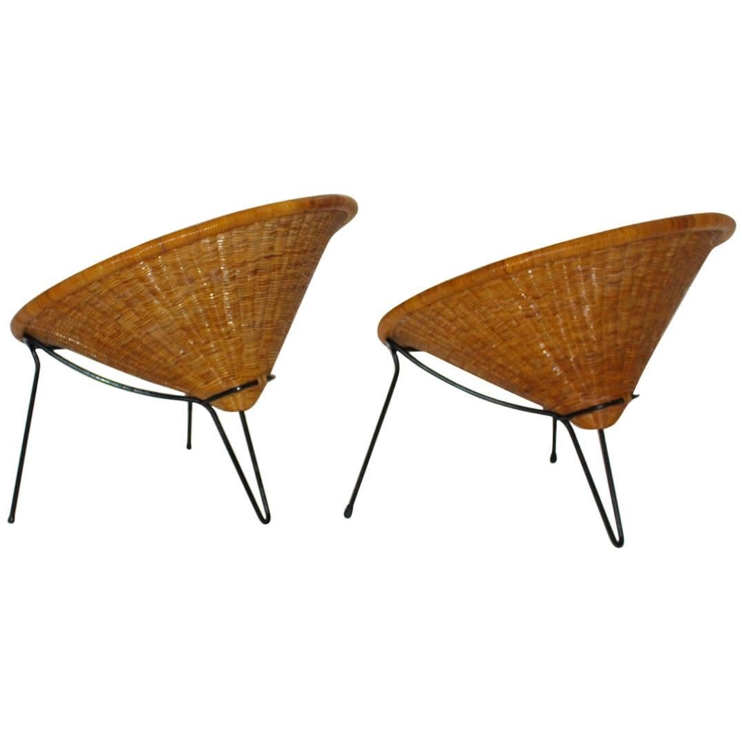 Mid Century Modern Vintage Rattan Patio Lounge Chairs Roberto Mango Italy, 1950s