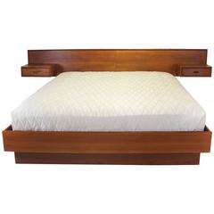 Retro Scandinavian Modern Teak King Platform Bed with Attached Nightstands