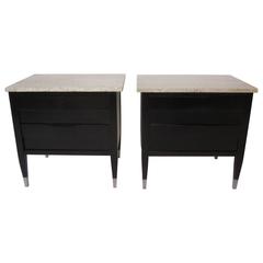 Retro Travertine Marble Topped Nightstands or End Tables by American of Martinsville