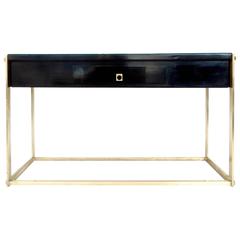 Italian Black Lacquer and Bronze Framed One Drawer Console or Sofa Table
