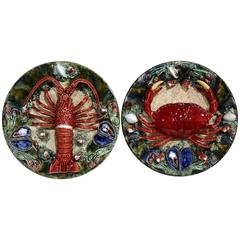 Pair of Vintage French Barbotine Plates with Crab Lobster Mussels and Clams