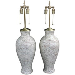 Large Pair of Ceramic Vessels with "Scallop" Inset Pattern and Lamp Application