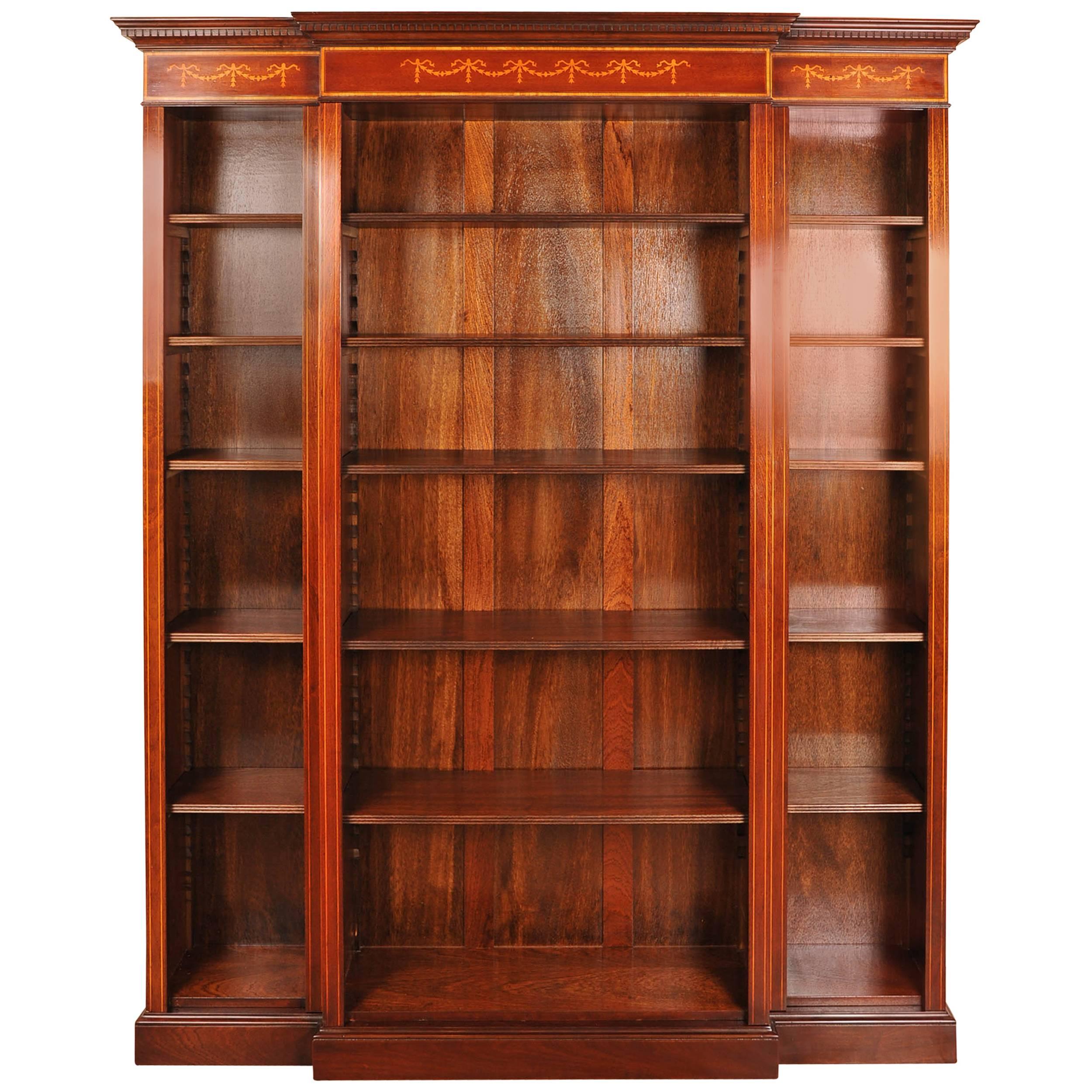 English Sheraton Style Open Breakfront Bookcase For Sale