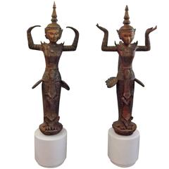 Pair of Antique Thai Wood and Gilt Goddess Statues