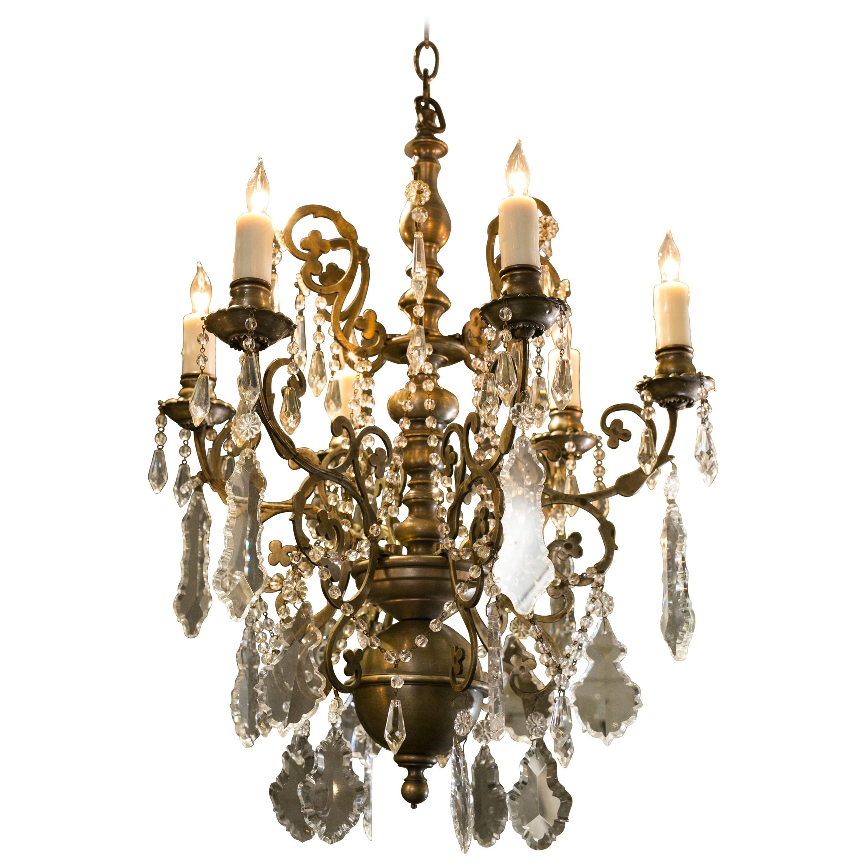 Pewter Colored Crystal Chandelier with Six Arms from Belgium, circa 1930