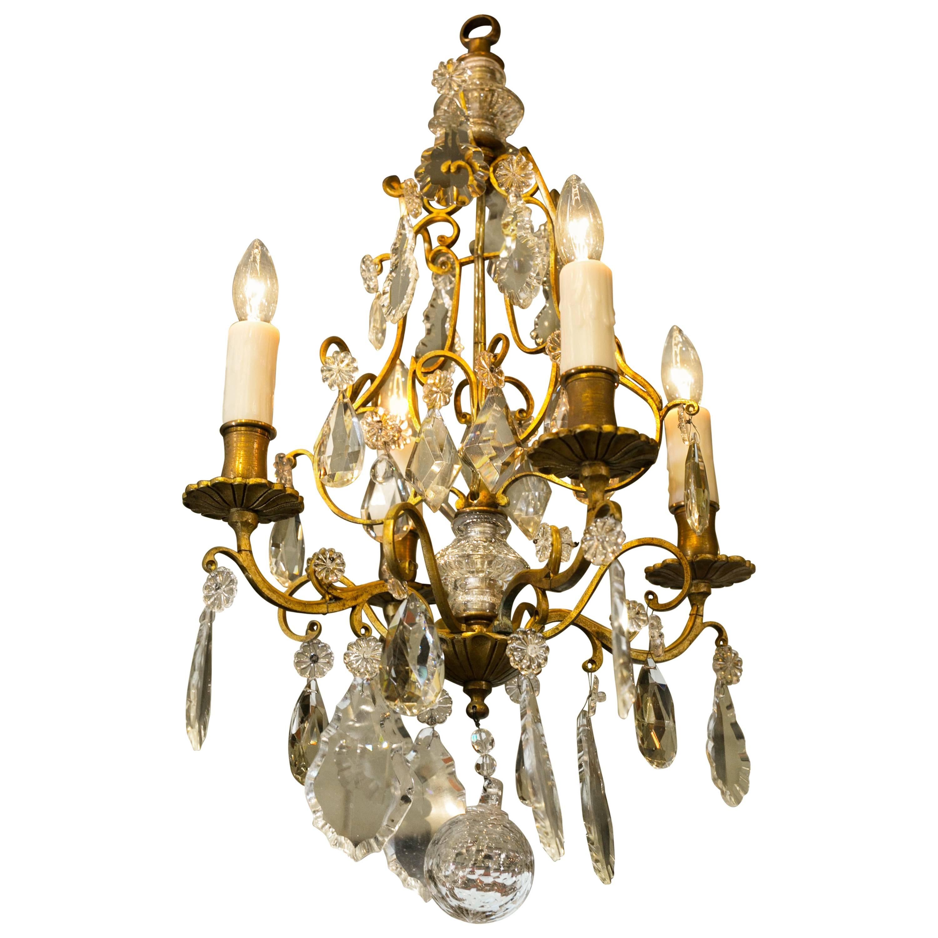 Petite French Brass and Crystal Chandelier with Four Arms, circa 1900