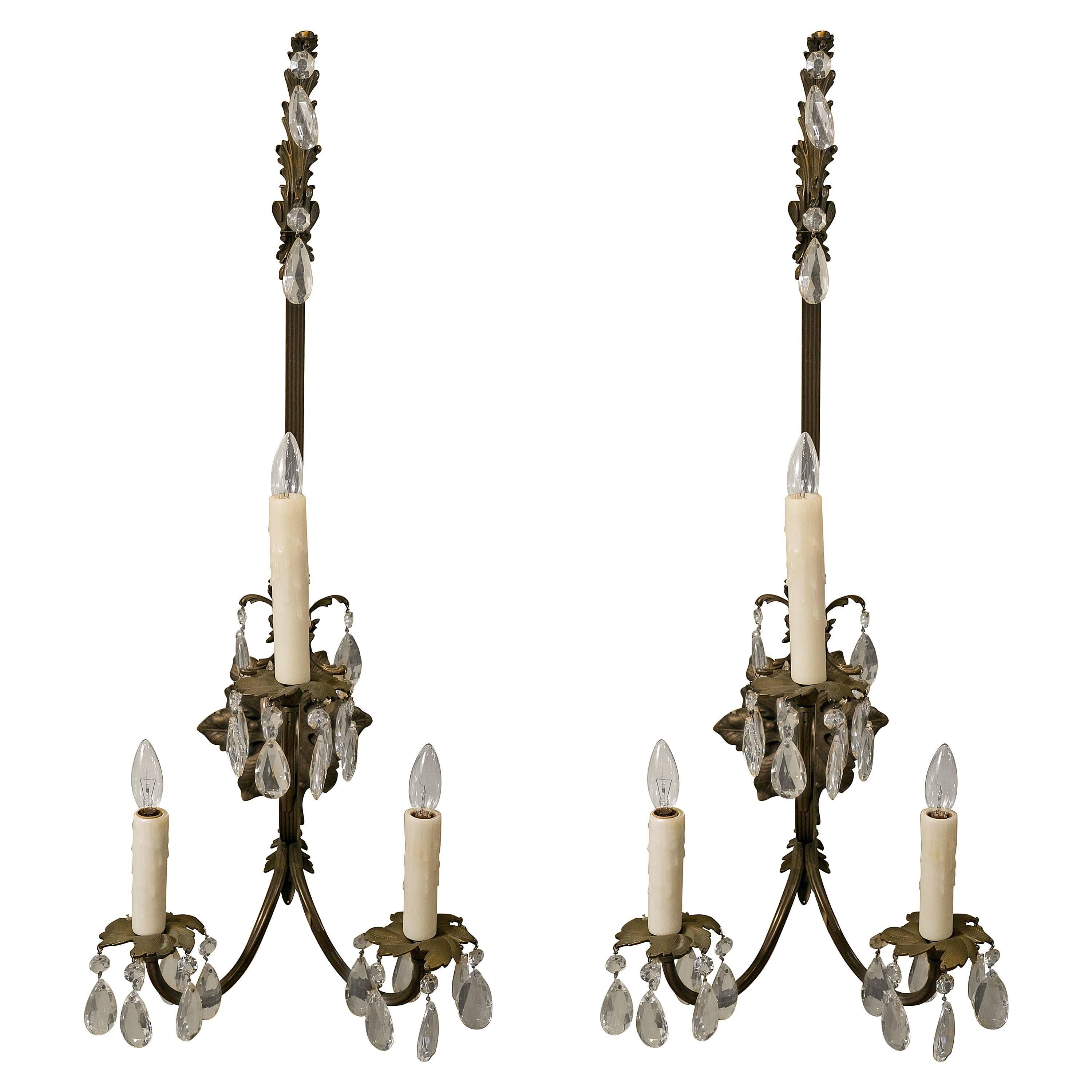 Pair Tall French Louis XV Revival Bronze Sconces with Crystals, circa 1880