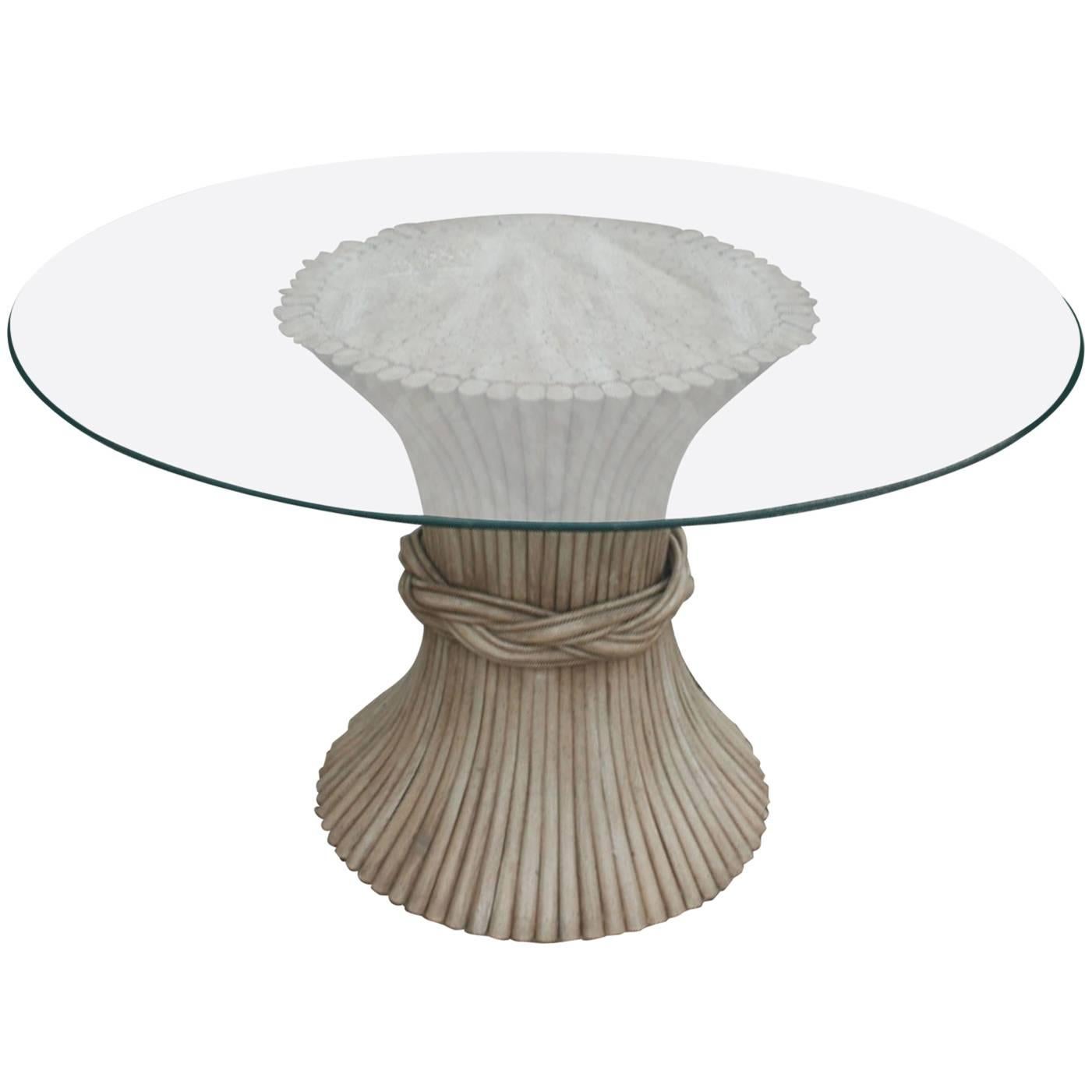 Vintage McGuire Round Rattan Dining Table Sheaf-of-Wheat Style with Glass Top