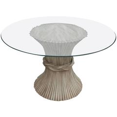 Vintage McGuire Round Rattan Dining Table Sheaf-of-Wheat Style avec dessus en verre