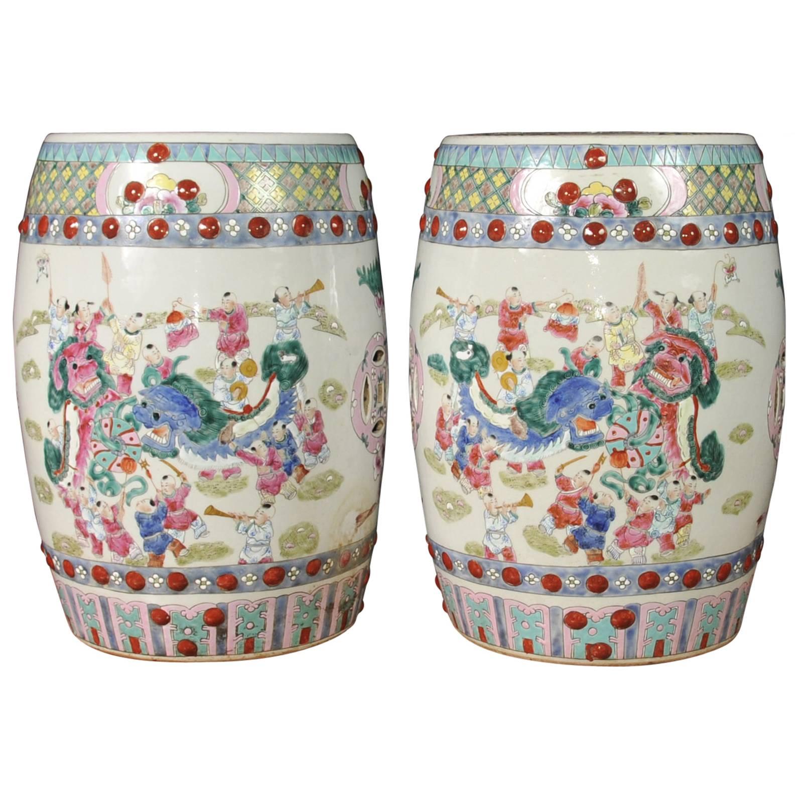 Pair of Chinese Kangxi Porcelain Garden Seats Stools Dragon Urns For Sale