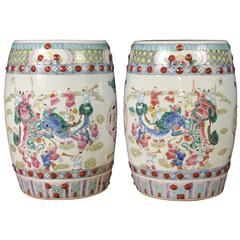 Pair of Chinese Kangxi Porcelain Garden Seats Stools Dragon Urns