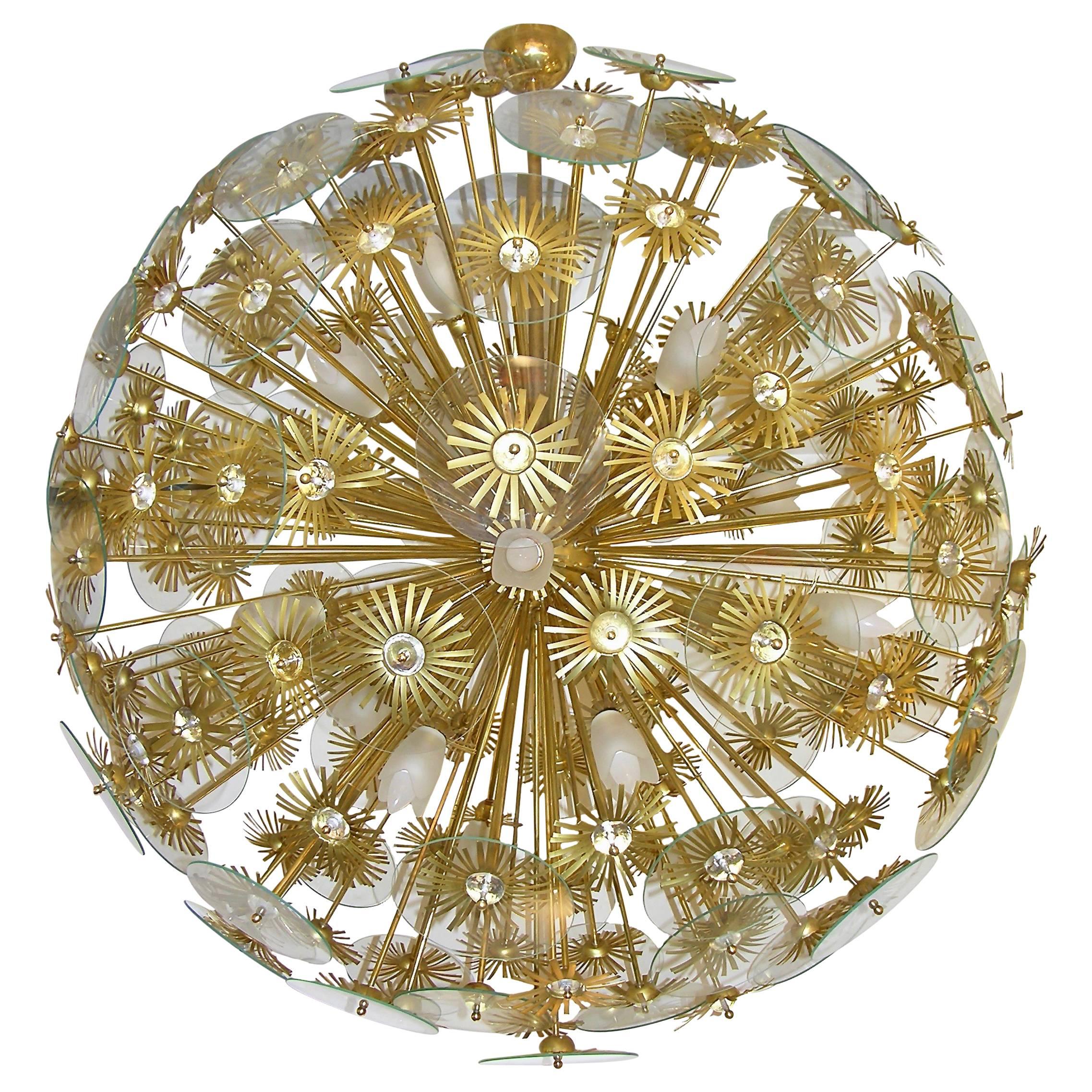 1960s Vintage One-of-a-kind Italian Round Brass and Glass Flower Chandelier