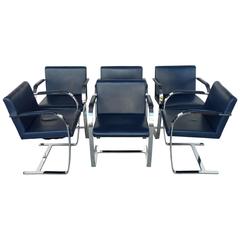 1980s Flat Bar Brno Chairs with Leather Attributed to Breuton, Set of Six