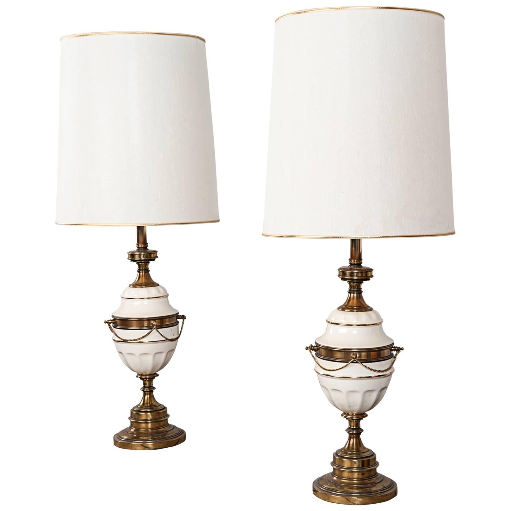 Elegant Vintage Gold Tone and White Ceramic Hollywood Regency Lamps
