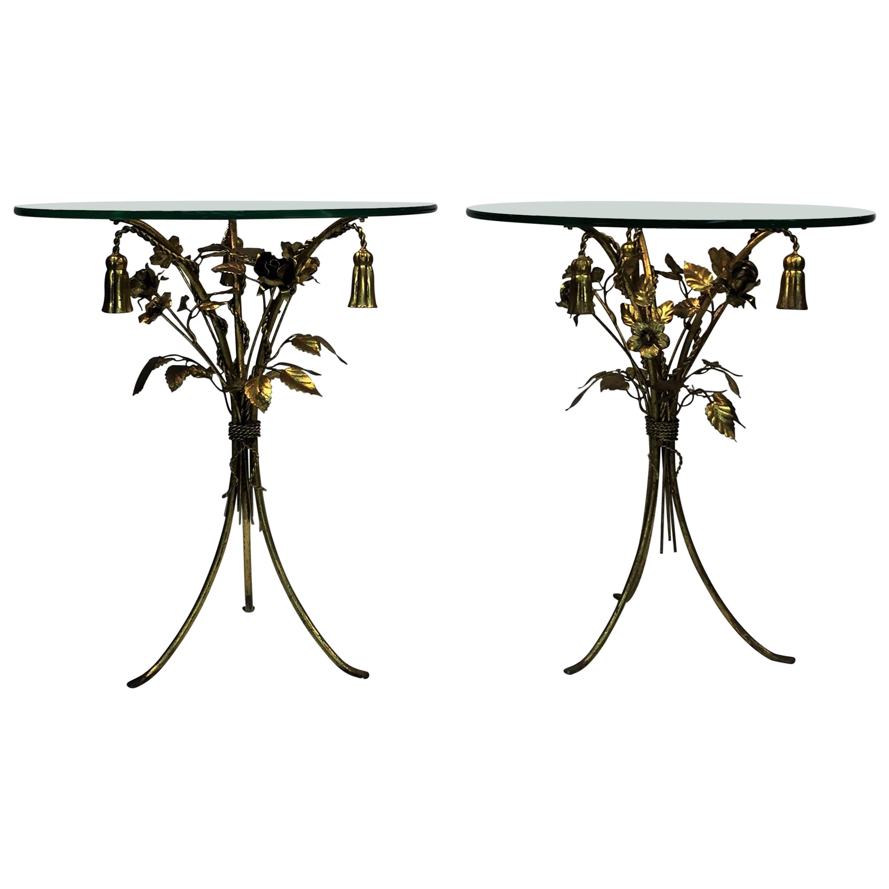Beautiful Pair of Italian Gilt Metal Flower and Tassel Form Tables For Sale