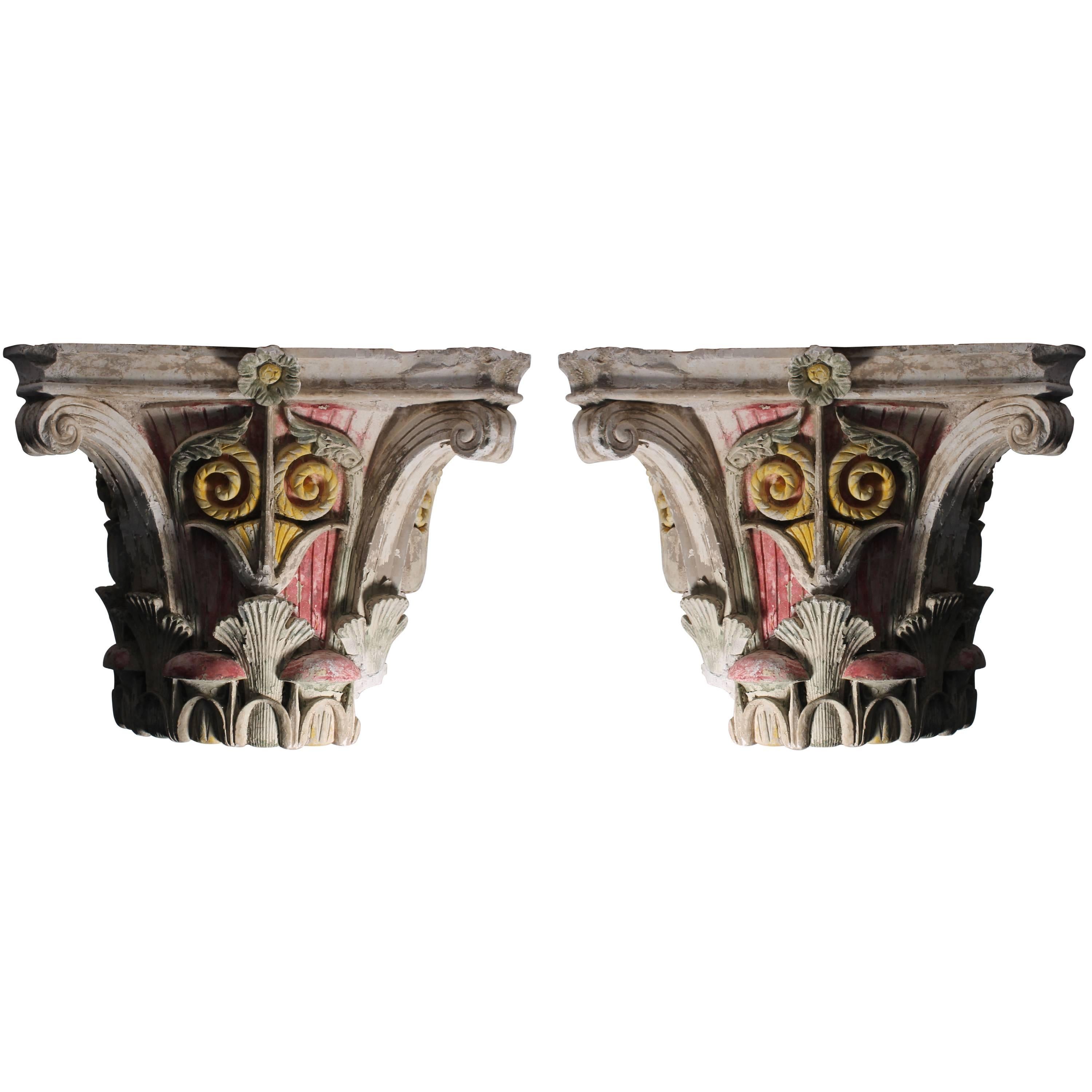 Pair of Early Large Architectural Corinthian Capitals in Plaster