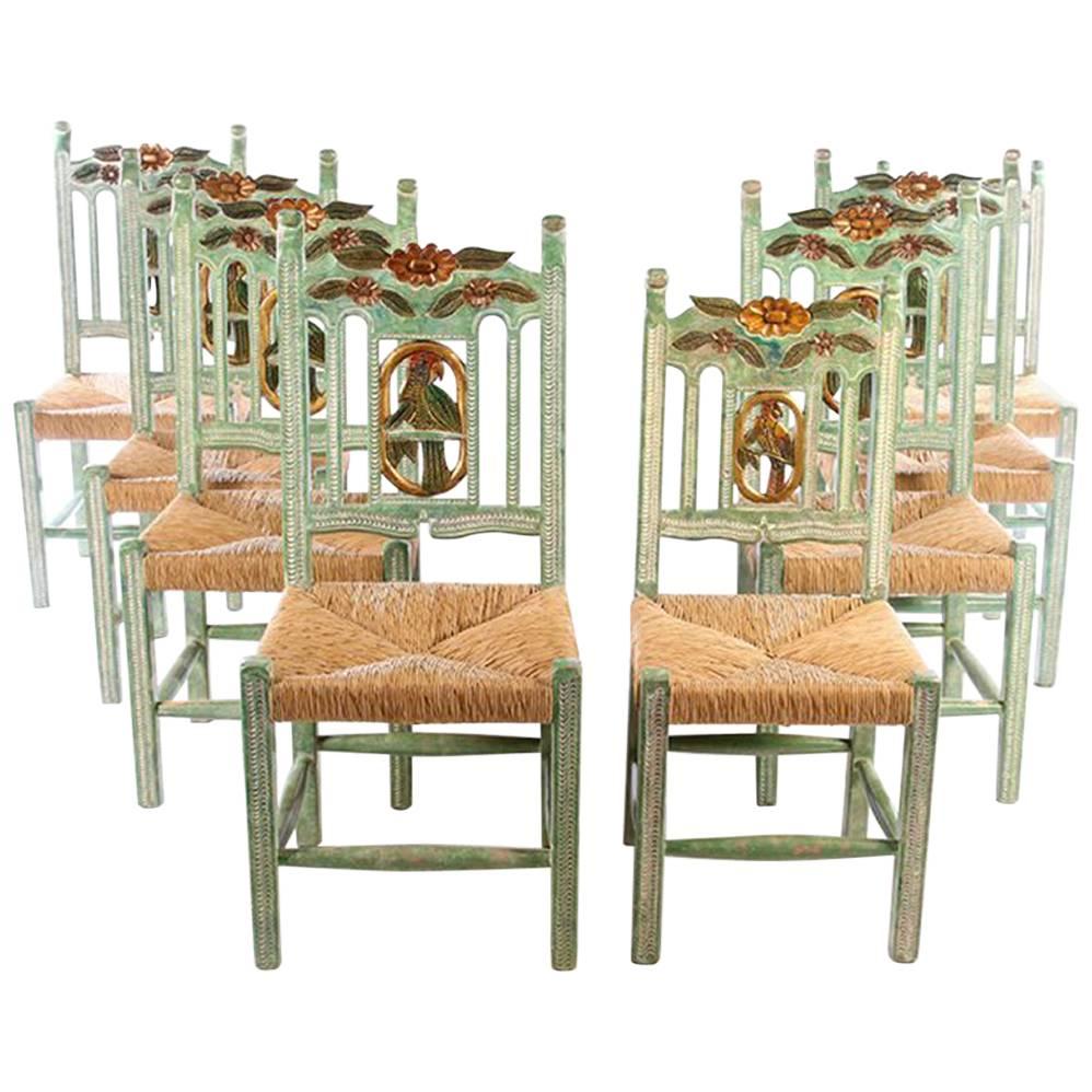 Eight HandCarved and HandPainted ParrotBack Dining Chairs For Sale