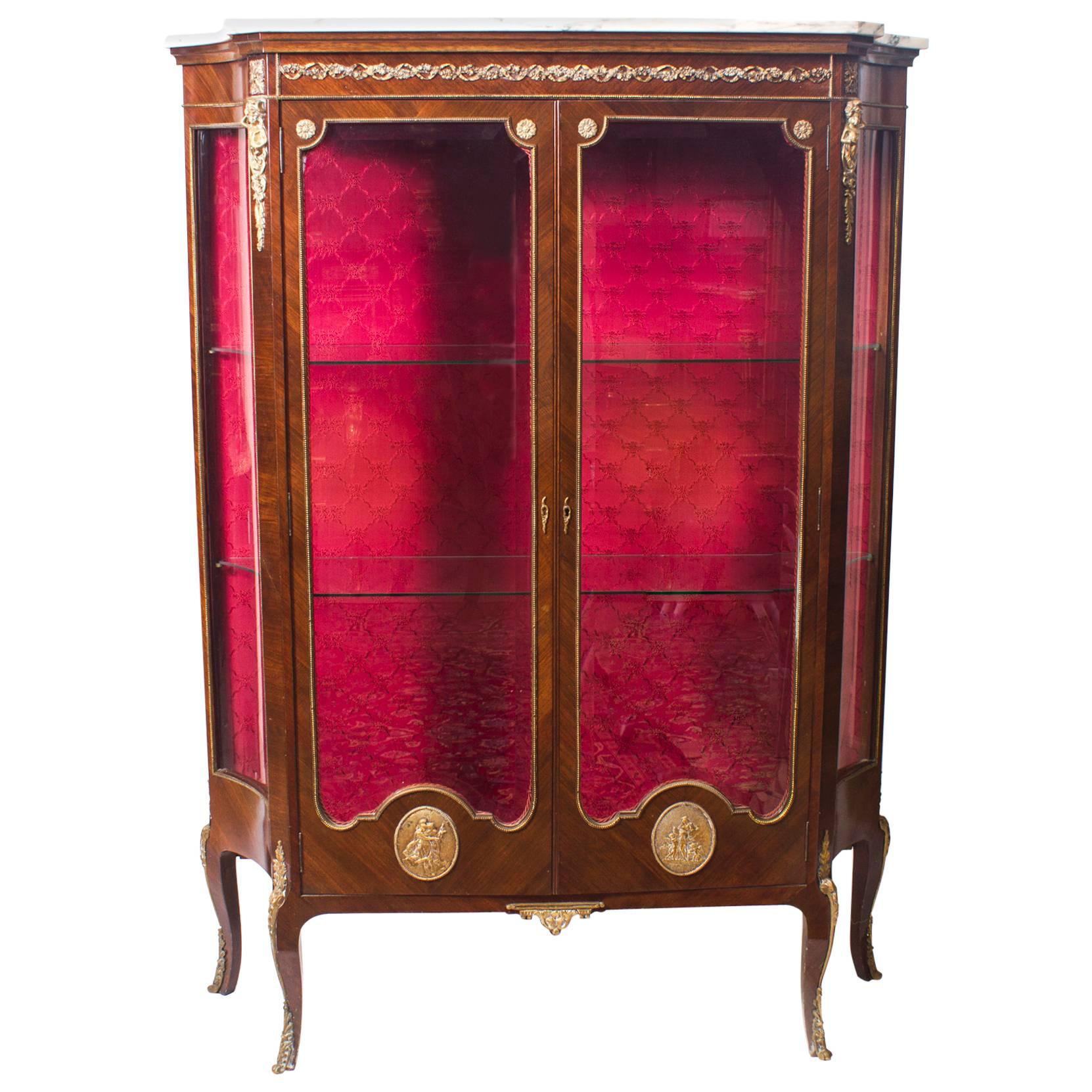 Early 20th Century French Kingwood Marble-Top Vitrine Cabinet