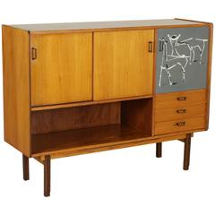 Highboard with Sliding Doors Teak Veneer Metal Vintage, Italy, 1960s