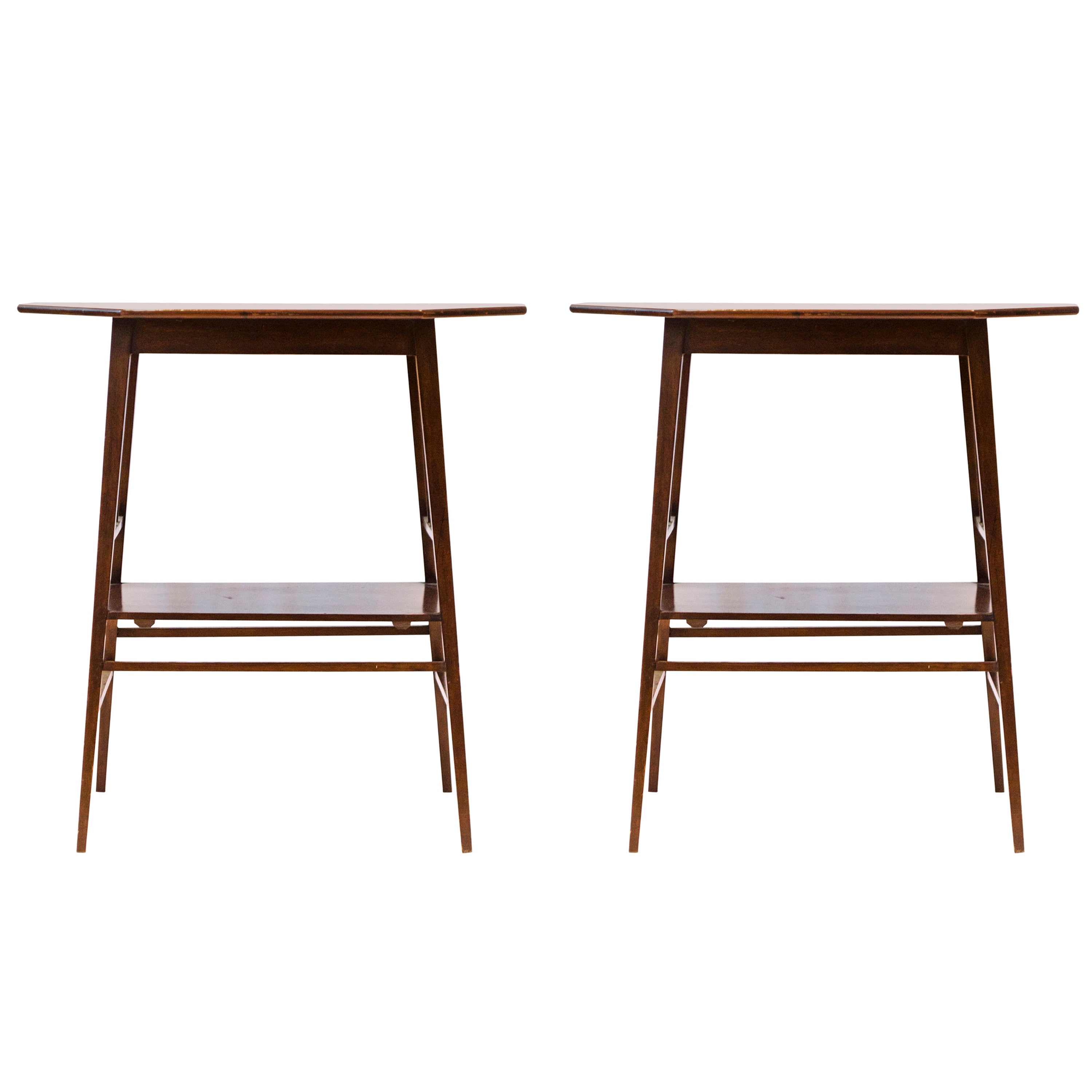 A Rare Pair of AngloJapanese twotier Walnut Side Tables by Jas