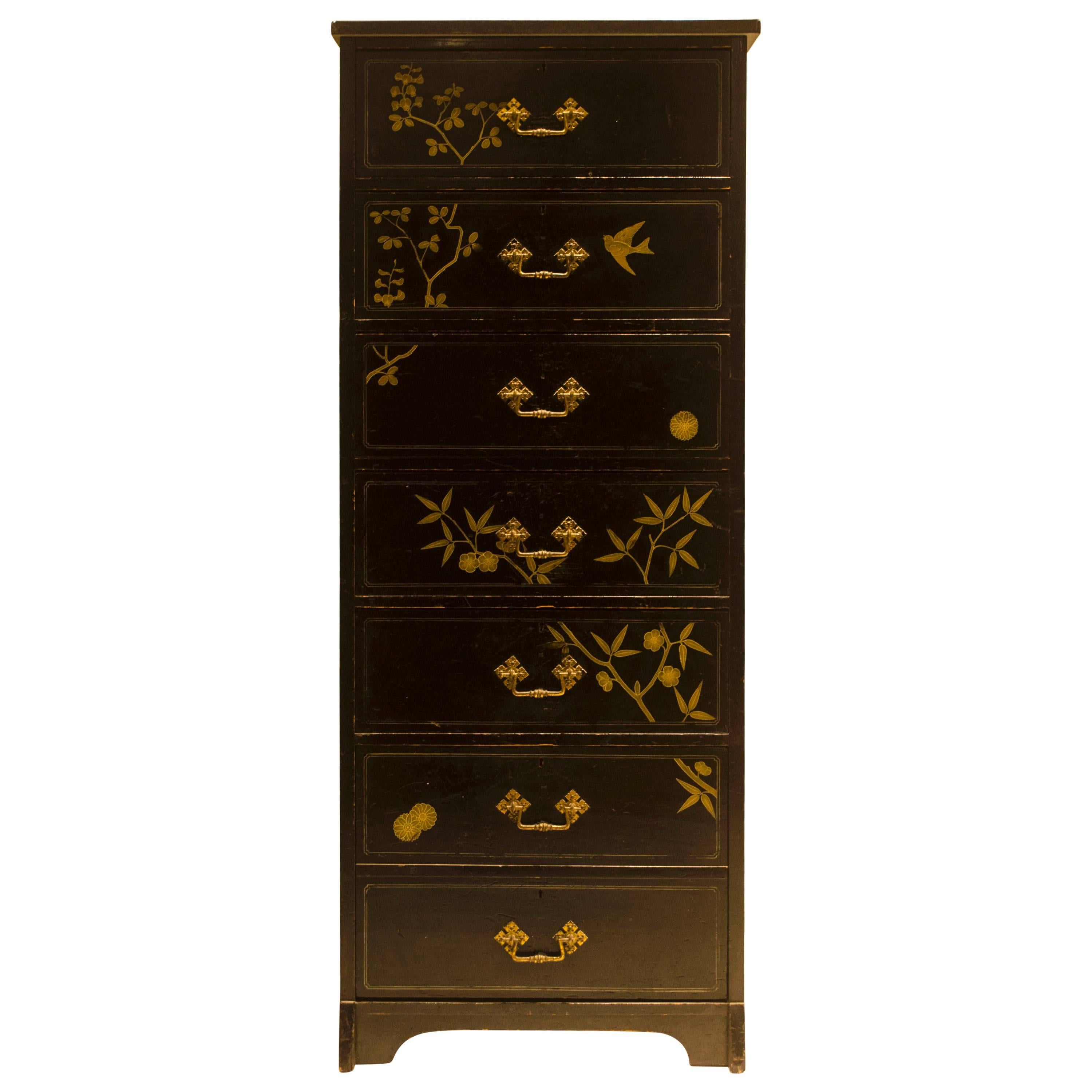 Daniel Cottier A Rare and Early Anglo-Japanese Ebonized Tall Chest of Drawers For Sale