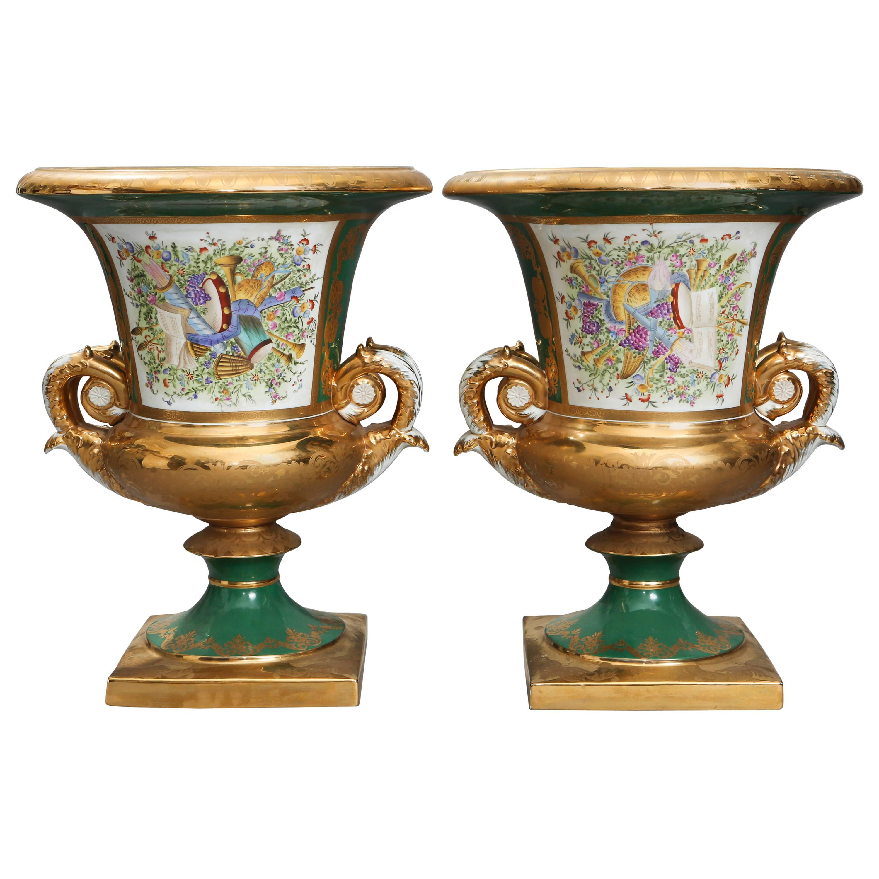 19th Century Pair of Large Russian Gardner Porcelain Campana Urns For Sale