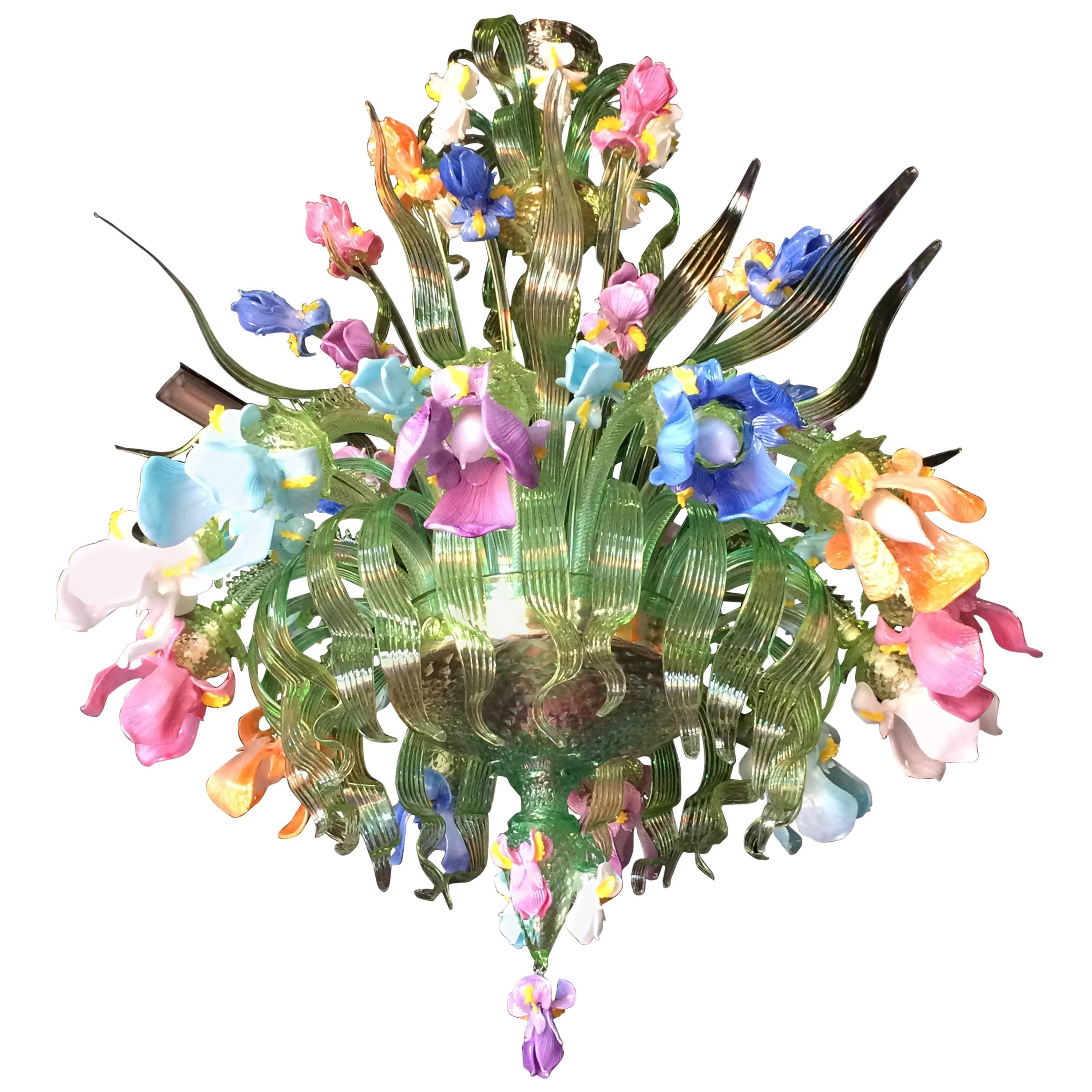 Murano Glass Chandelier with Iris called "Acquatico" For Sale