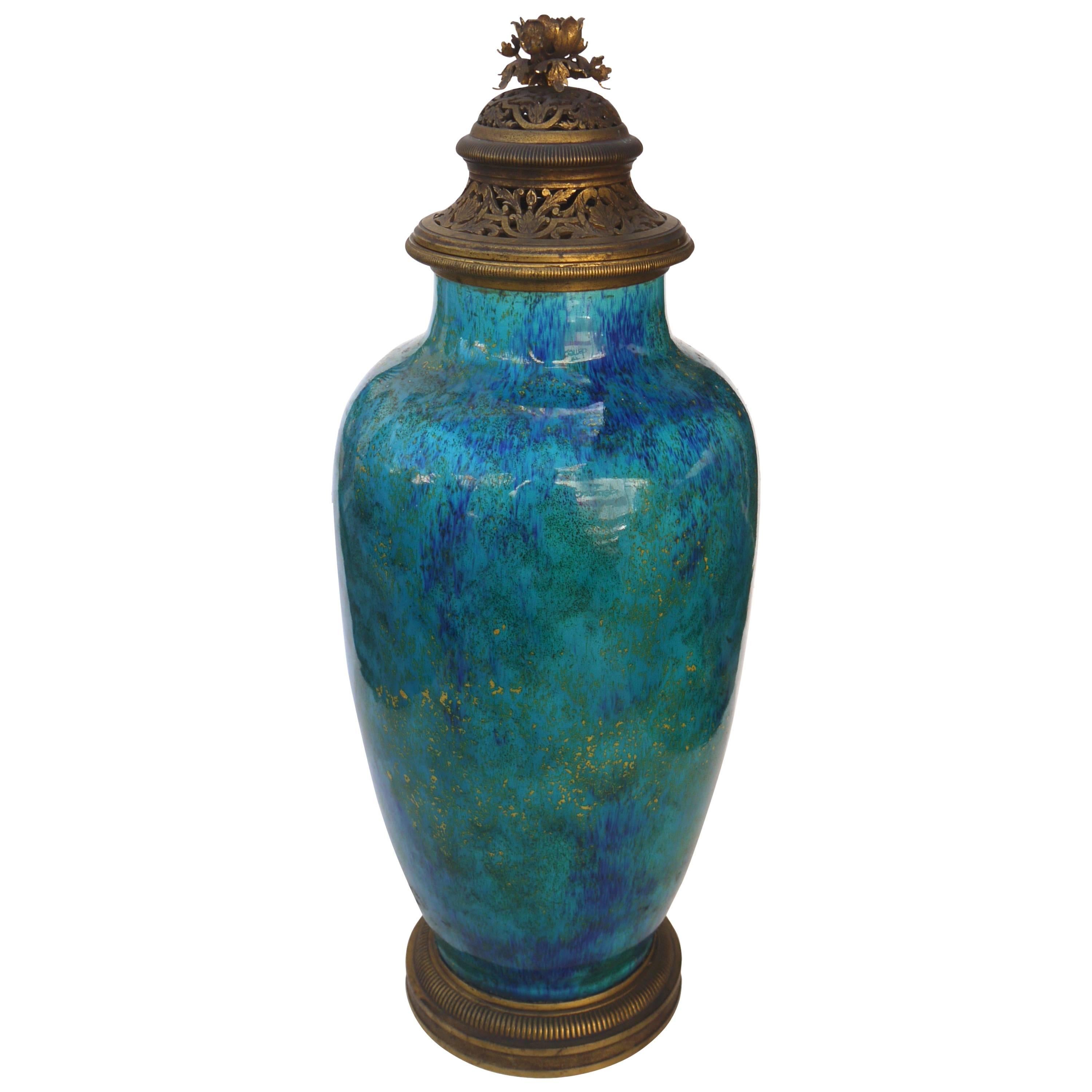 Art Deco, Fine Faience Vase by Sevres Gilt Bronze Cf Paul Millet, circa 1920 For Sale