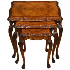 1920s Period Burr Walnut Queen Anne Style Antique Nest of Tables