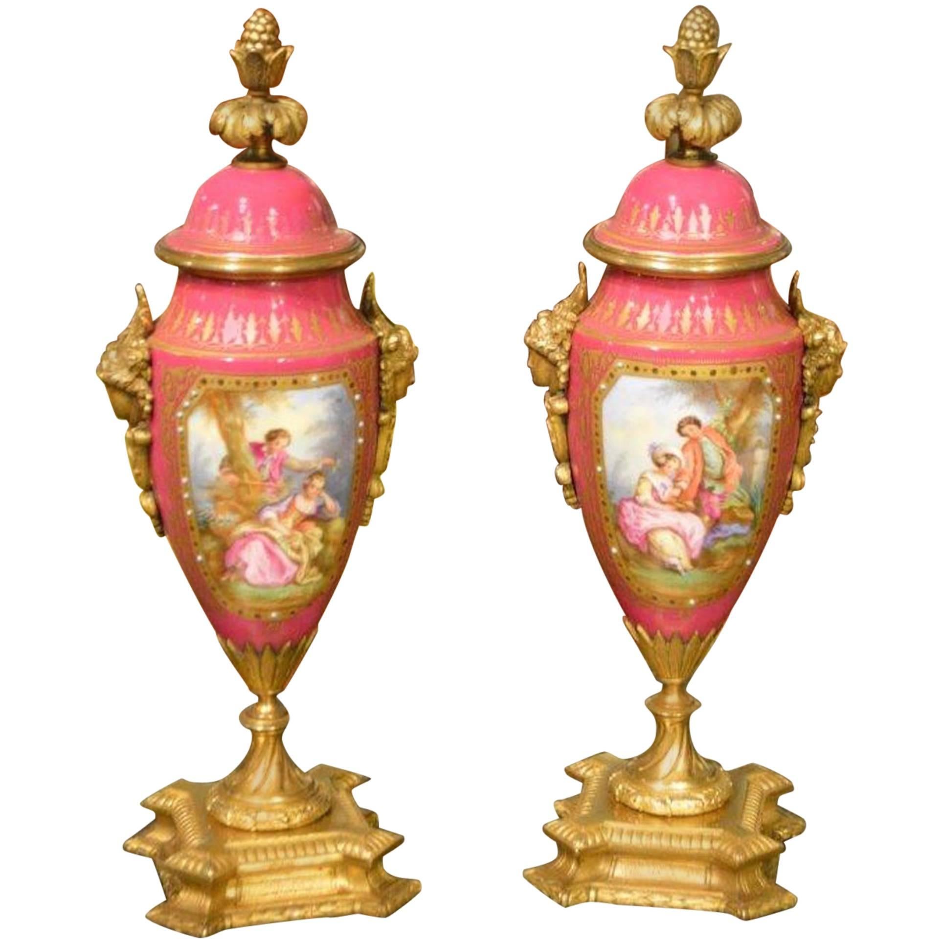 Pair of Sèvres Style, Late 19th Century Pink Porcelain Urns For Sale