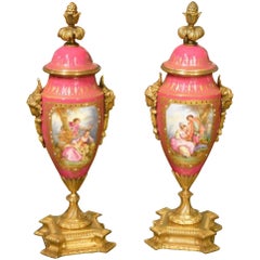 Pair of Sèvres Style, Late 19th Century Pink Porcelain Urns