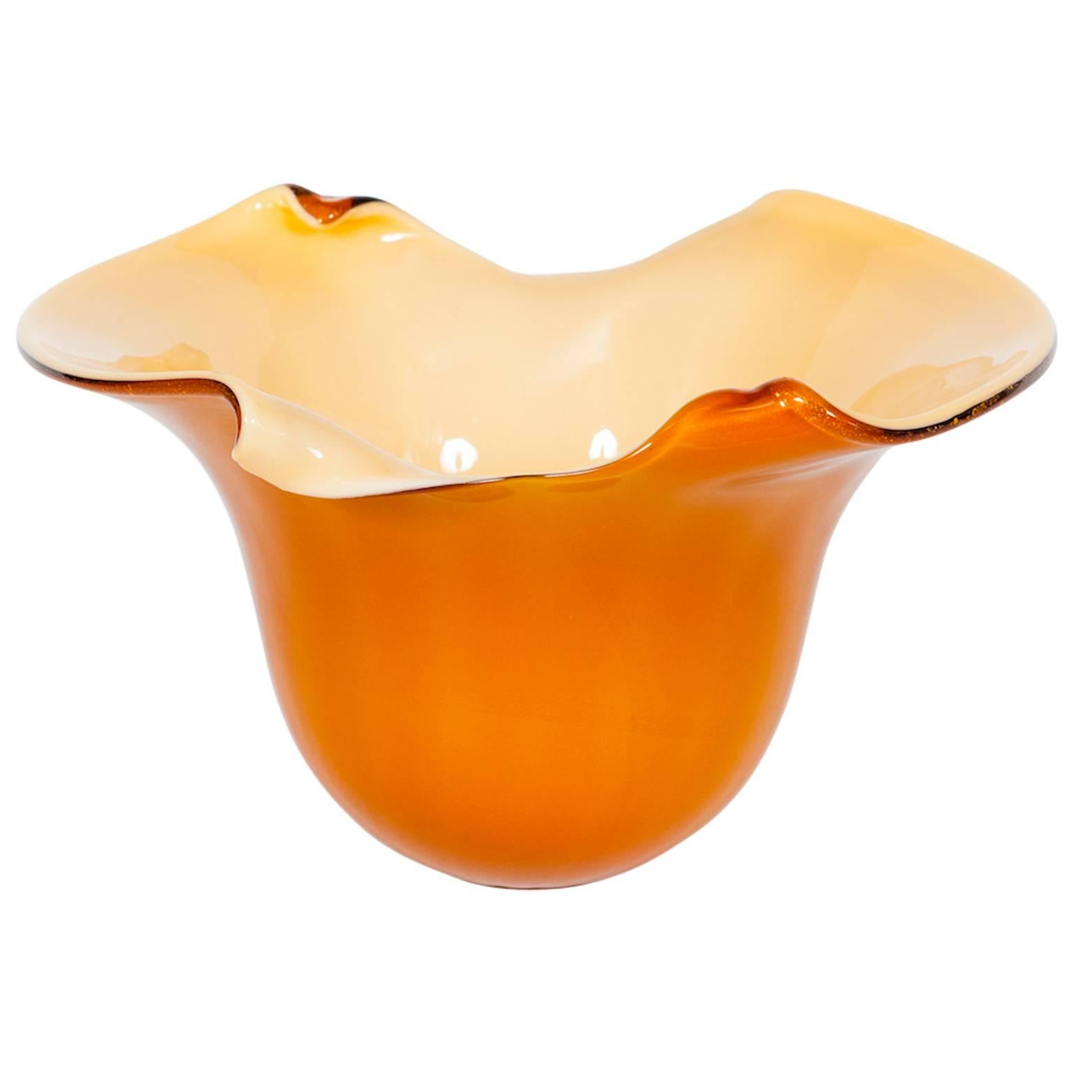 Italian Bowl in Murano Glass Amber and Gold For Sale