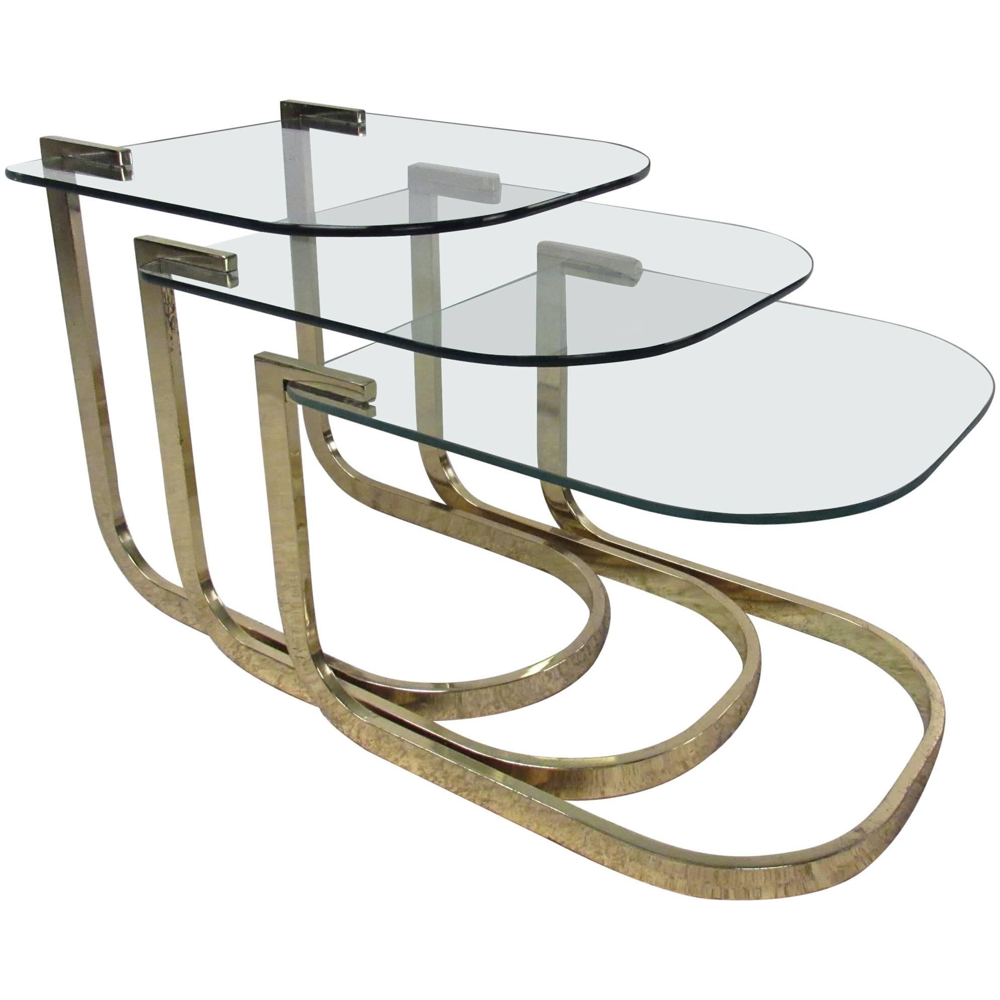 Mid-Century Glass and Brass Nesting Tables by Design Institute America For Sale