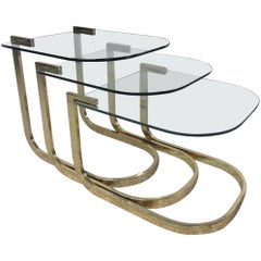 Vintage Mid-Century Glass and Brass Nesting Tables by Design Institute America