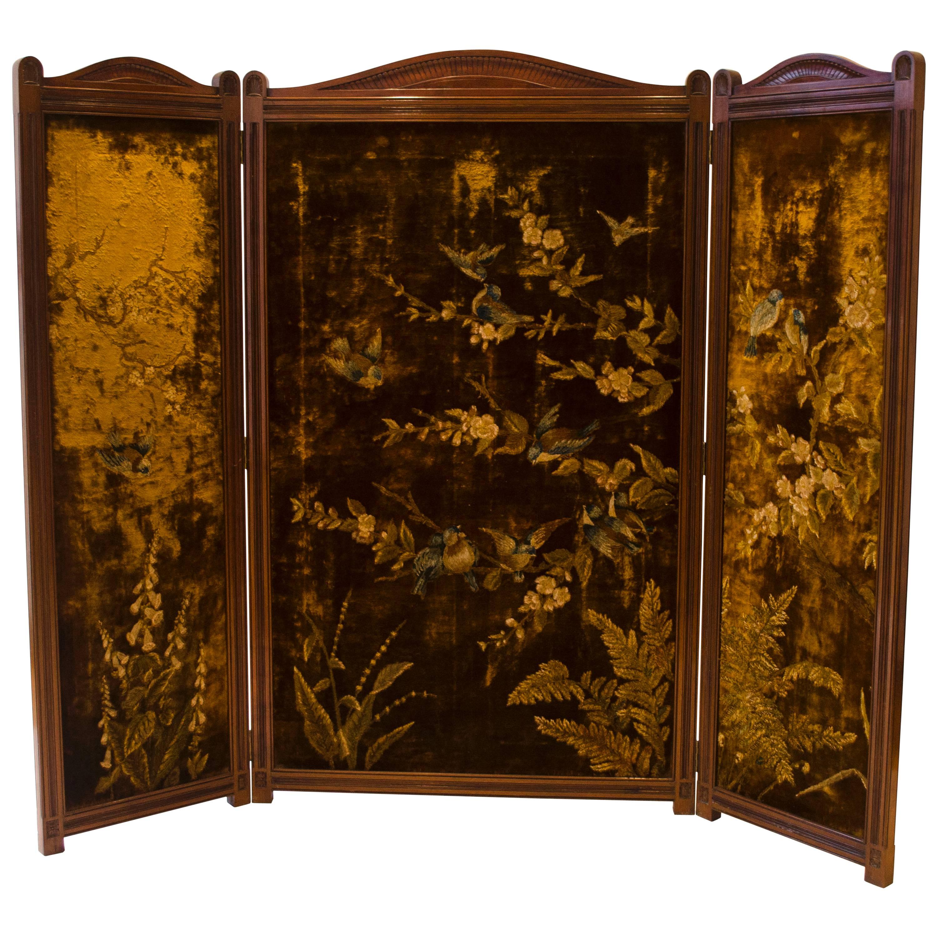 Gillows attr, An Aesthetic Movement Three-Fold Screen with Birds Amongst Blossom For Sale