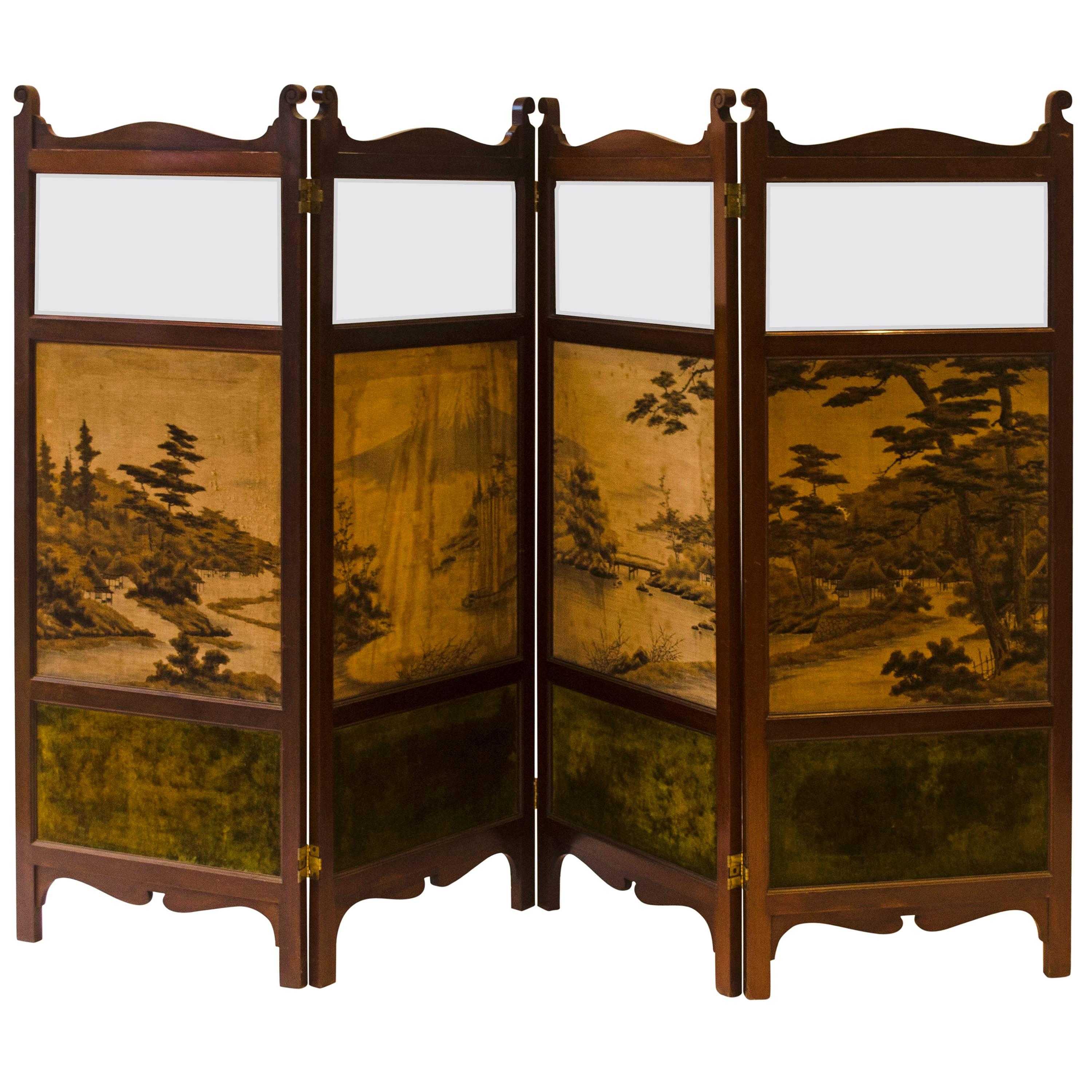 E. W. Godwin, Attri An Anglo-Japanese Four-Fold Screen With Japanese Silk Scenes For Sale