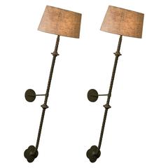 Pair French Tall  Twisted Bronze Wall Sconces with Linen Shades, circa 1880