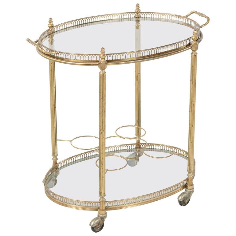 MidCentury French Polished Brass Oval Bar Cart with Tray and Bottle