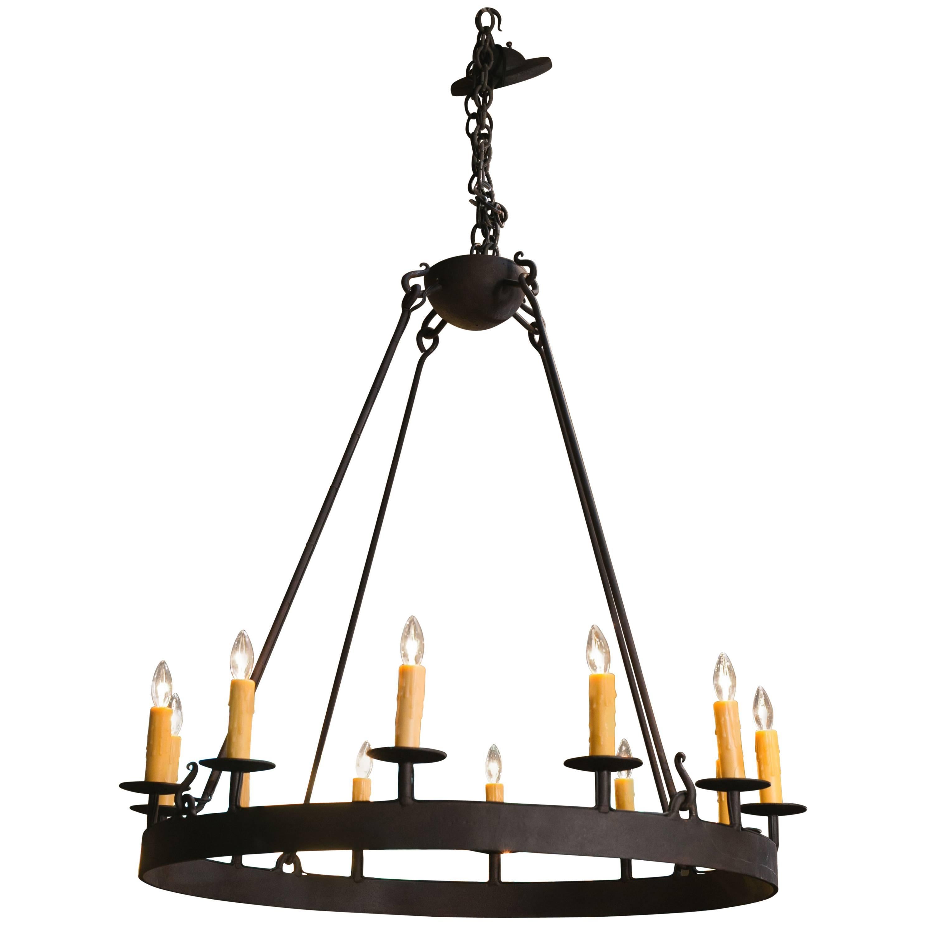 Custom, Hand-Forged American Made Iron Ring Chandelier with Twelve Sockets