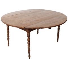 19th Century French Solid Elm Round Dining Table with Drop Leaves