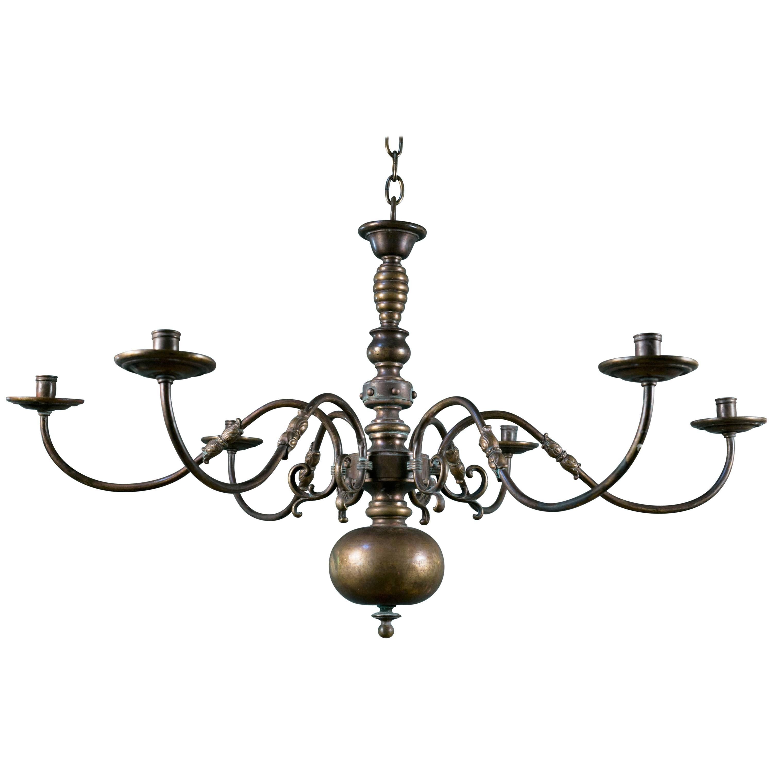 Unwired Bronze Flemish Style Chandelier from Belgium, circa 1920