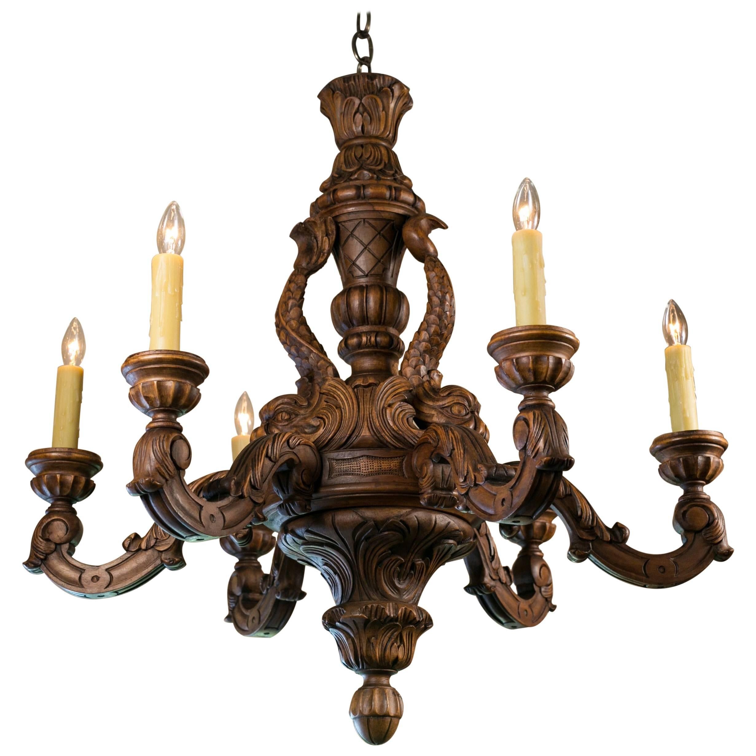 Hand-Carved French Louis XV Style Wood Chandelier with Dolphin Motif