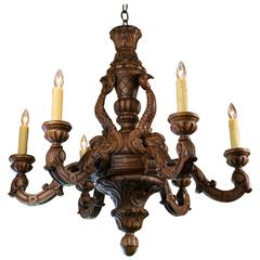 Vintage Hand-Carved French Louis XV Style Wood Chandelier with Dolphin Motif