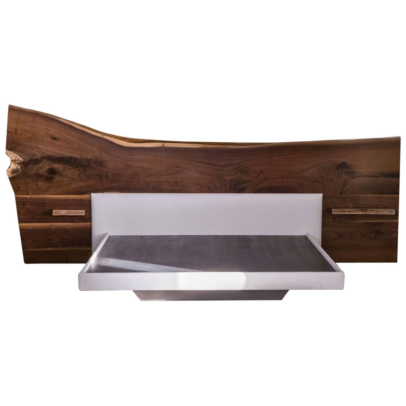 Sentient Live-Edge Bed Black American Walnut Slab Queen-Sized Leather Upholstery For Sale