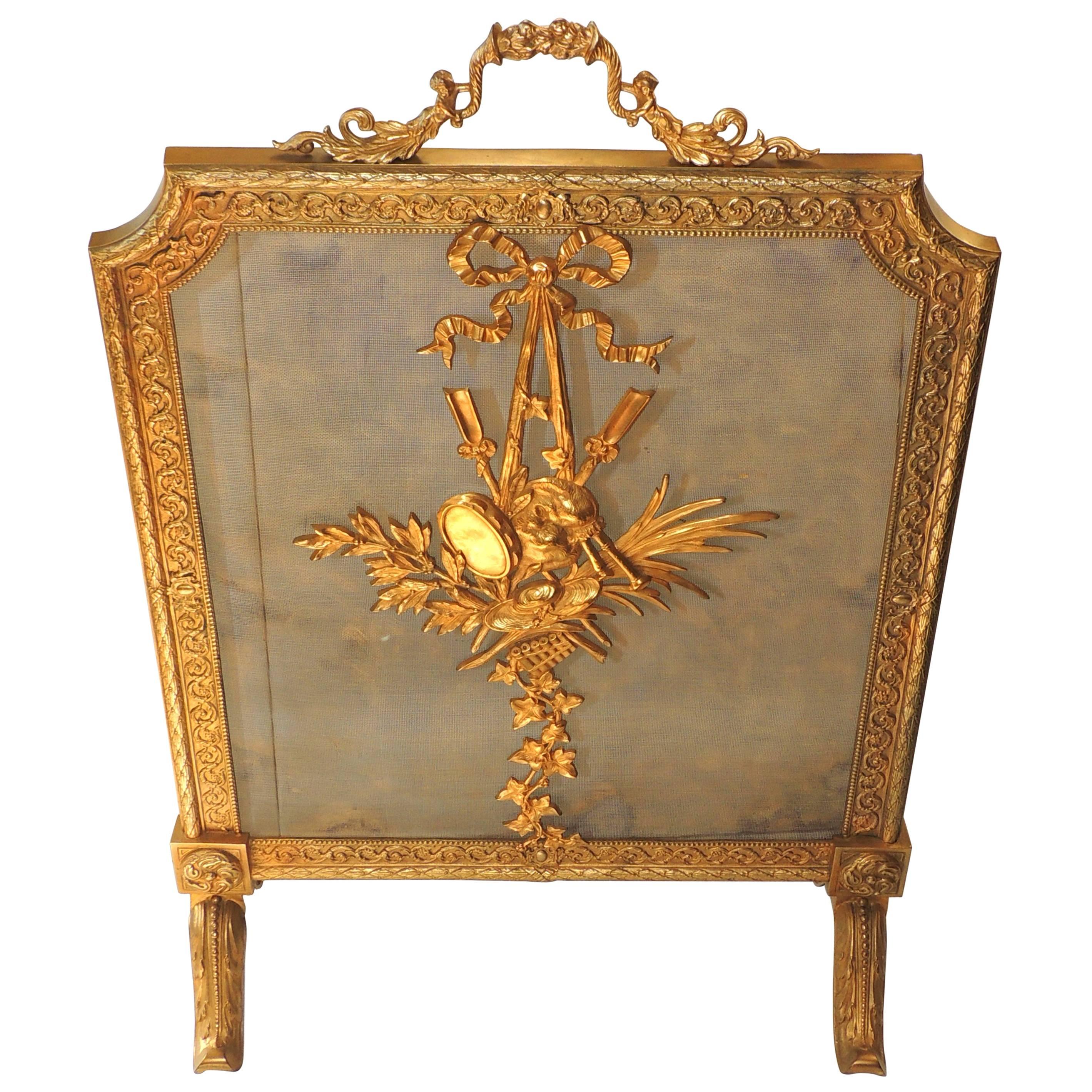 Wonderful Gilt Doré Bronze Bow FireScreen Musical Medallion FirePlace Screen