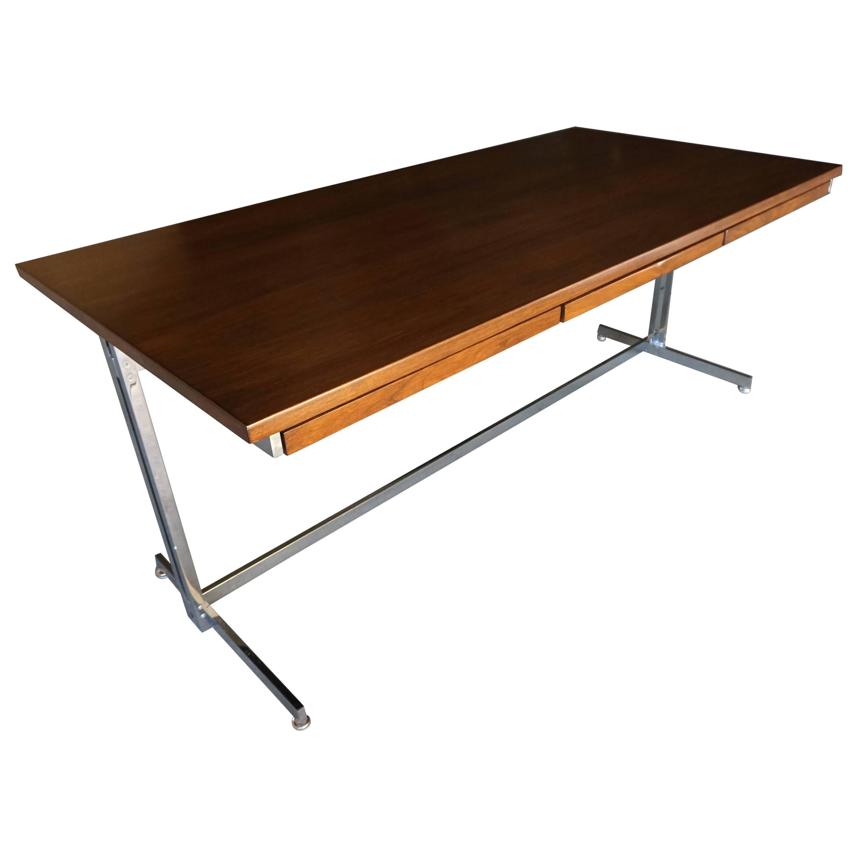 Walnut & Steel Writing Table Attributed to Belgian Designer Jules Wabbes C.1960s