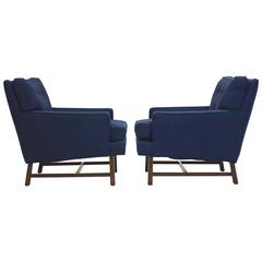 Pair of Lounge Armchairs in Blue Tweed with Walnut Frames 9