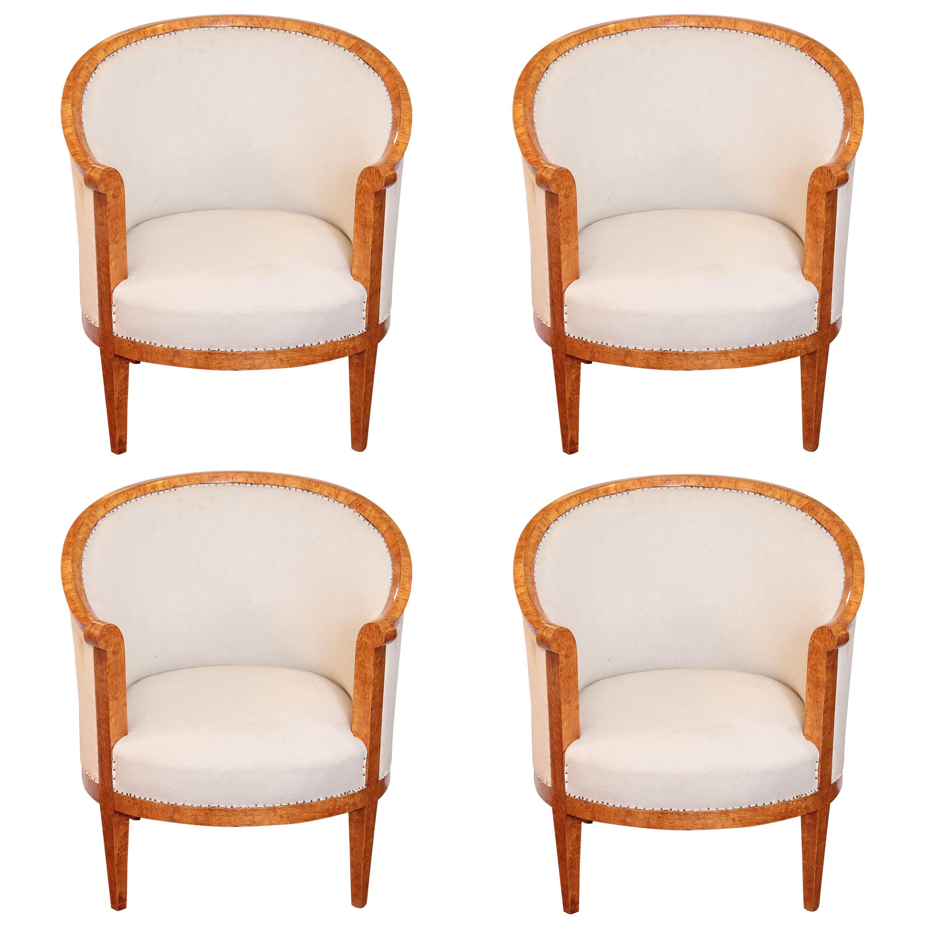 Set of Four 19th Century Biedermeier Karelain Birch Barrel Chairs