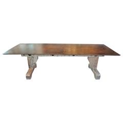 Vintage French Workshop Trestle Based Dining Table with Steel Top