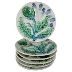 Luneville French Barbotine Majolica Asparagus and Artichoke Plates, Set of Six